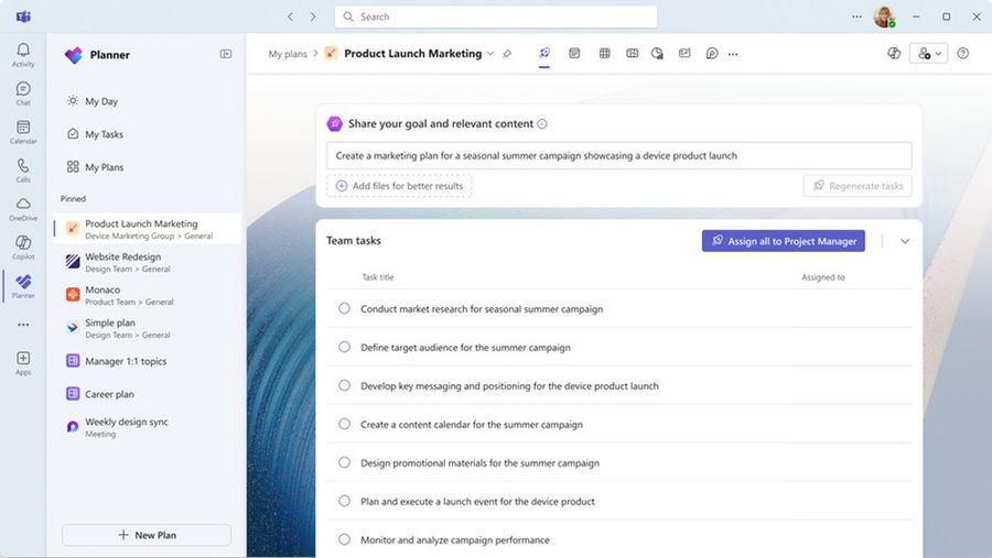 Planner app in Microsoft Teams: “Assign all to Project Manager” button