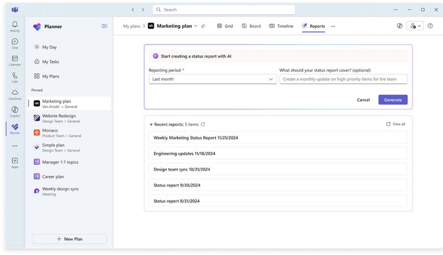 Microsoft Planner in Teams: New Reports tab