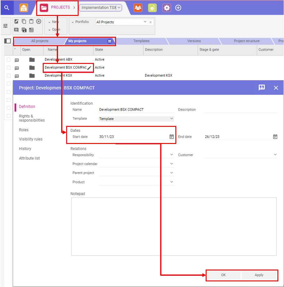 Ouverture de la fiche projet pour modifier la date de début du projet (Start Date)