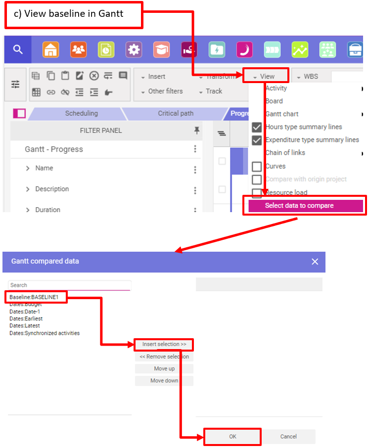 Afficher la baseline dans le Gantt