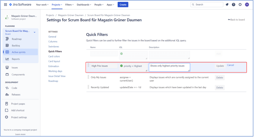 Scrum Master Jira – Quickfilter