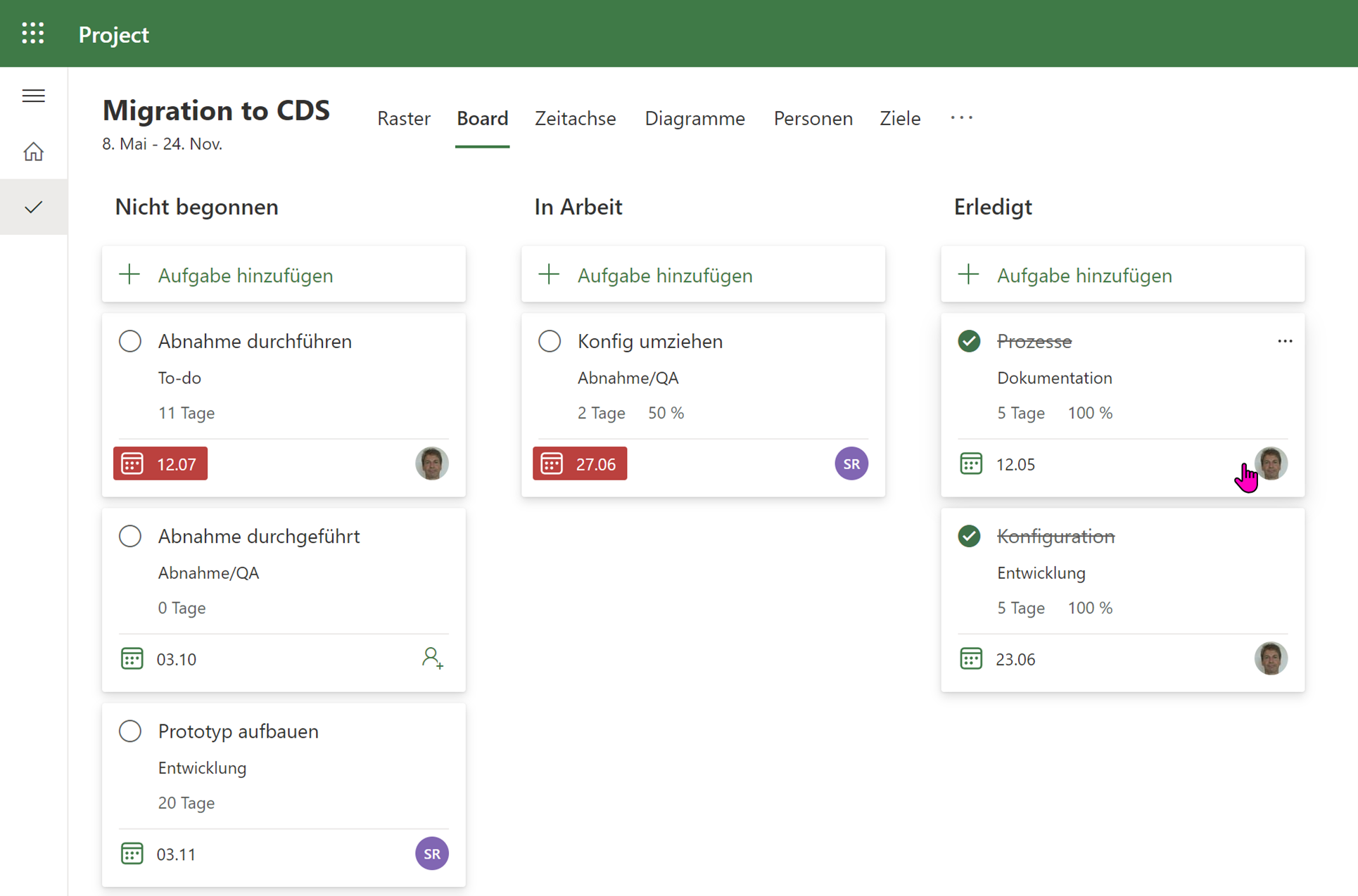 Project for the Web - Ansicht Status